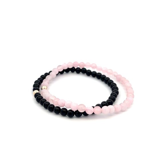 Onyx & Rose Quartz Gemstone Stretch Bracelet with 14K Gold Accent Bead Handmade - Picture 3 of 6